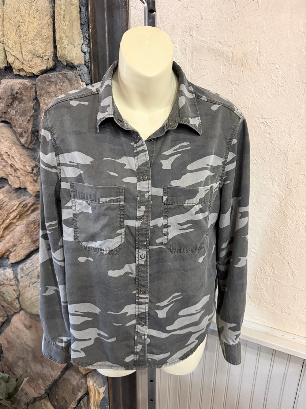 Express Women’s Gray/ Green Camo Jean Jacket with Gold Side Stripe